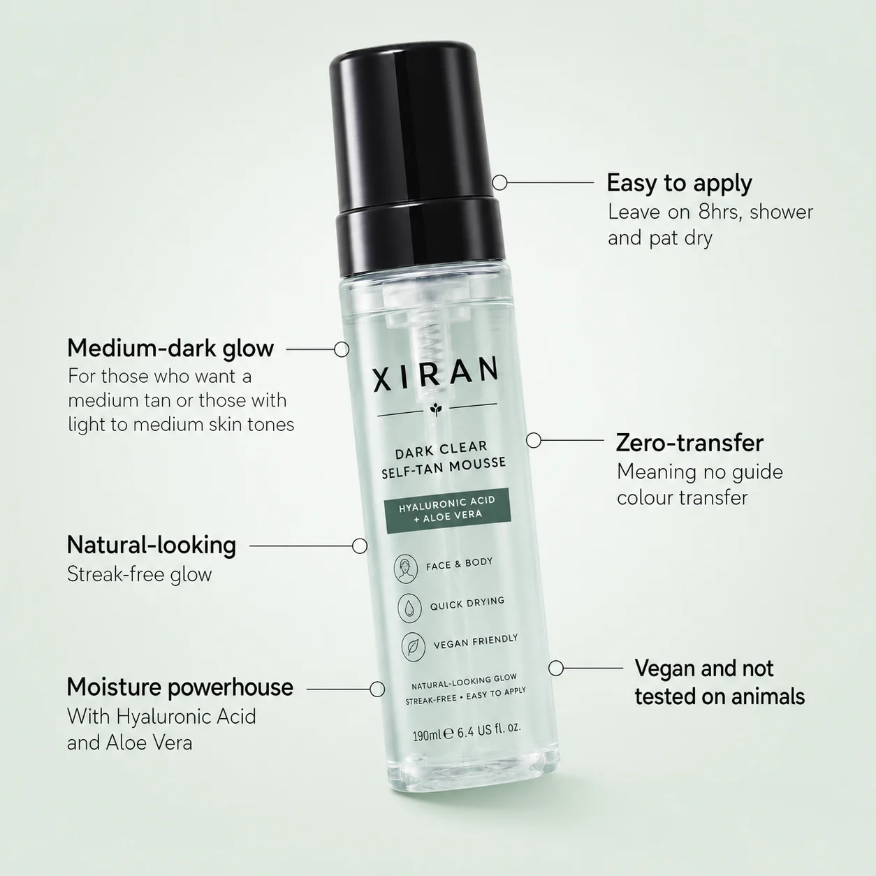 XIRAN Dark Clear Self-Tan Mousse bottle with text highlighting its features like medium-dark glow, zero transfer, and vegan-friendly formula.